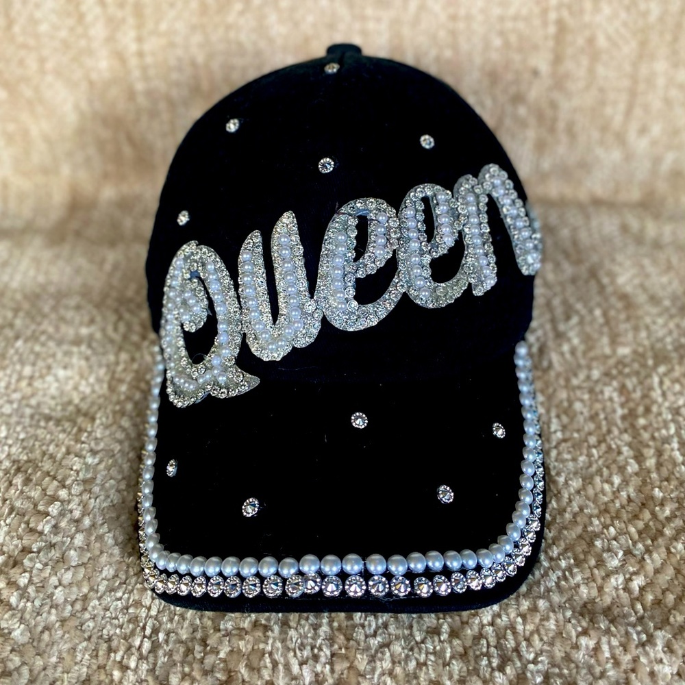 Queen Rhinestone Pearl Bling Cap in Black